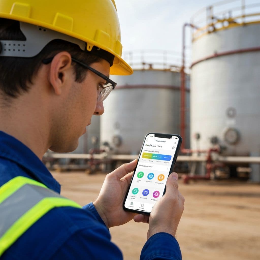 Field engineer checking frac tank data on smartphone