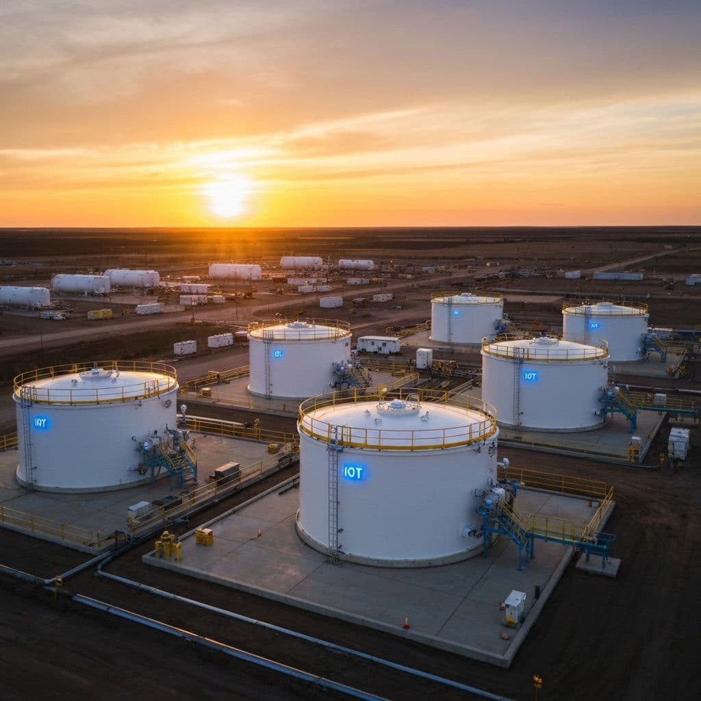 Multiple frac tanks with WellAware monitoring sensors