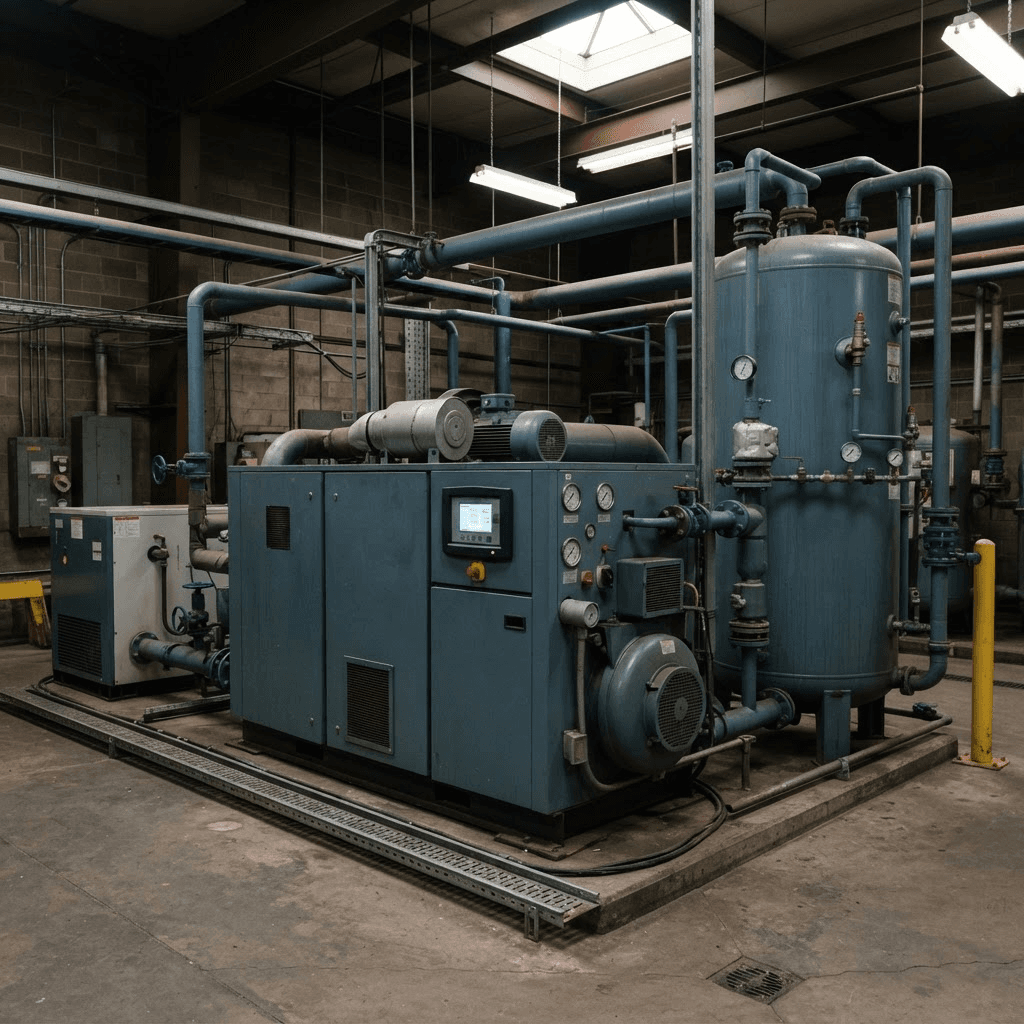 Illustration of an industrial air compressor system with pressure gauges and control panel.