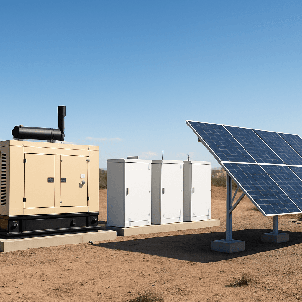Illustration of an electrical substation with panels, breakers, and battery backup enclosures.