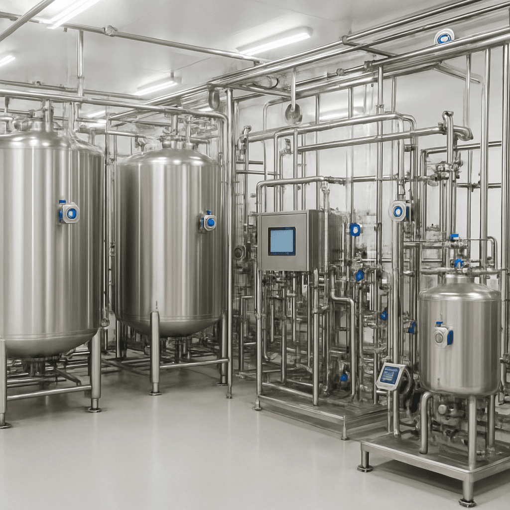Illustration of stainless steel tanks and CIP sanitation systems in a food and beverage facility.